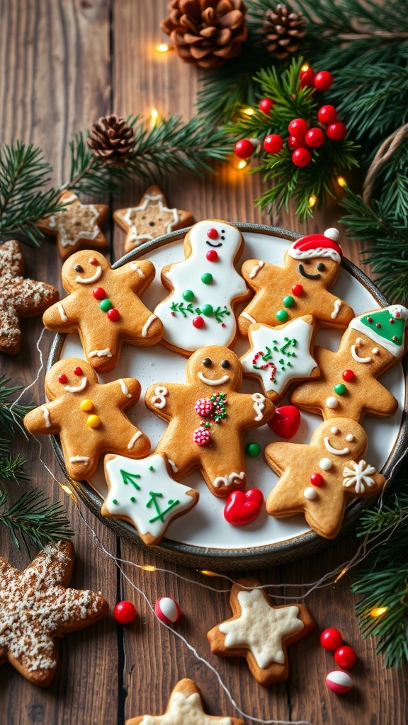 A festive assortment of decorated Christmas cookies on a wooden table with holiday decorations.